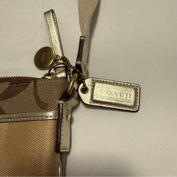 Coach Signature Crossbody Bag Tan Brown Canvas Gold Leather Trim 7.5 x 8.5 Bag - Picture 3 of 10